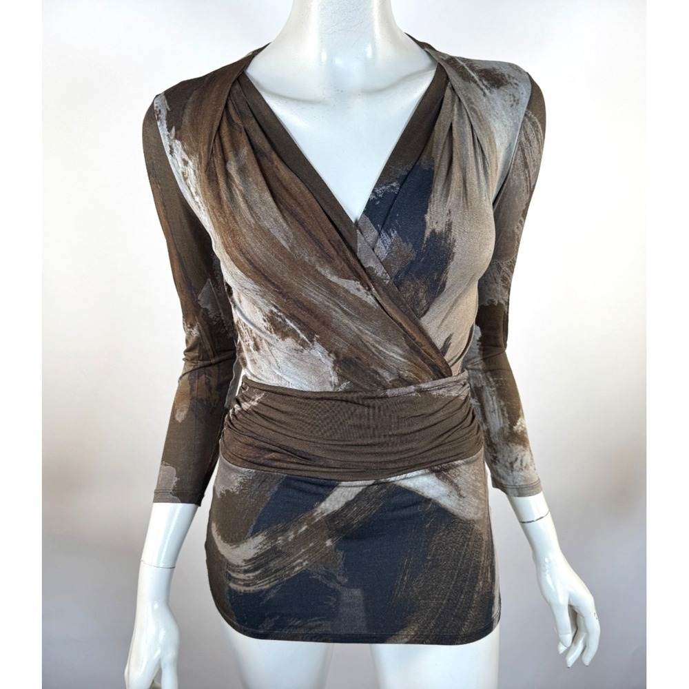 Max Mara Abstract print Wrap Top Women S Flaw* Stretch V-neck Lightweight Brown